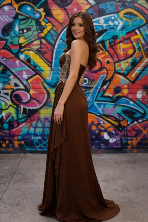 Fancy Chocolate Brown Satin Gala Dress Strapless Gold Lace Applique Gown,OLP1910