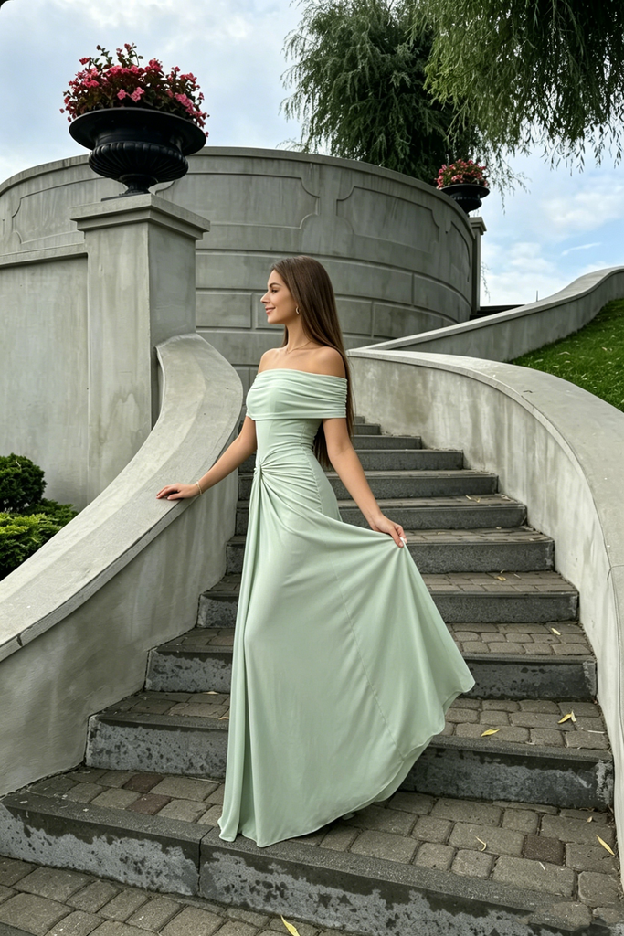 Pretty Off-Shoulder Mint Green Prom Dress Modern Draped Front Knot,OLP2198