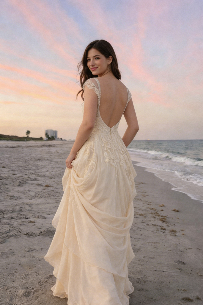 Elegant Champagne Tulle Prom Dress Cap Sleeve Floral Lace Applique Gown,OLP2128