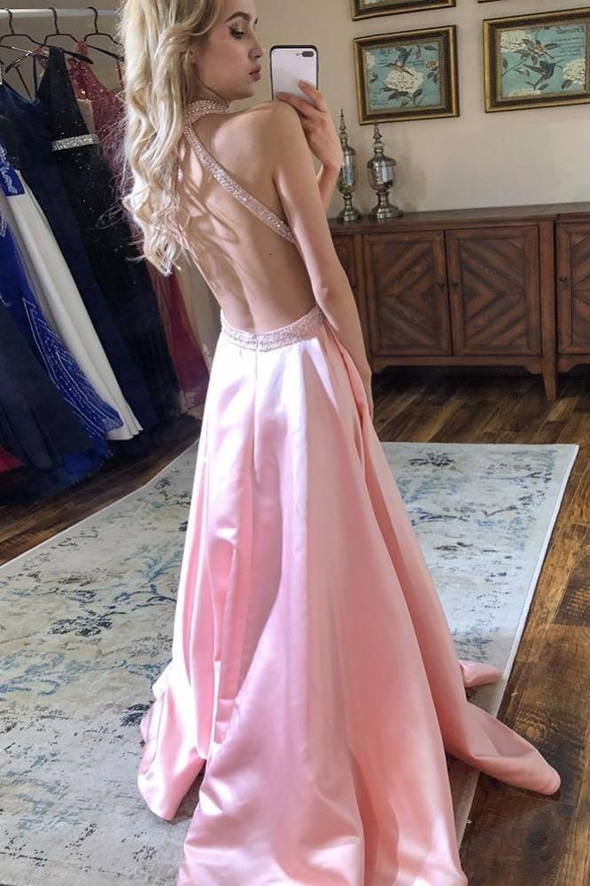 Elegant Pink High-Neck A-Line Long Prom Dress Ideas, Evening Party Dresses, OLP1491