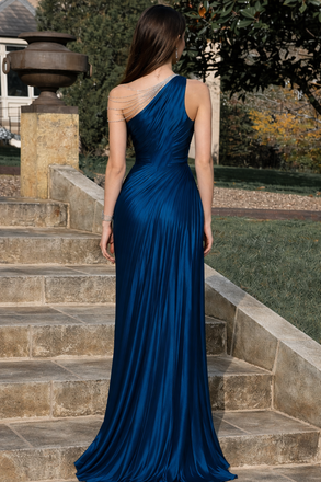 Chic Teal Blue One-Shoulder Satin Formal Gown Sparkly Draped Chains,OLP2105