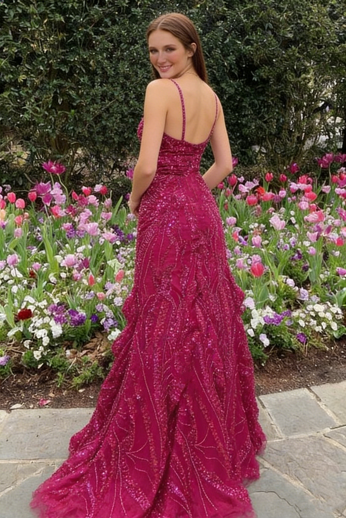 Sparkly Magenta Sequin Prom Dress Spaghetti Strap High Slit Glitter Evening Gown,OLP2156