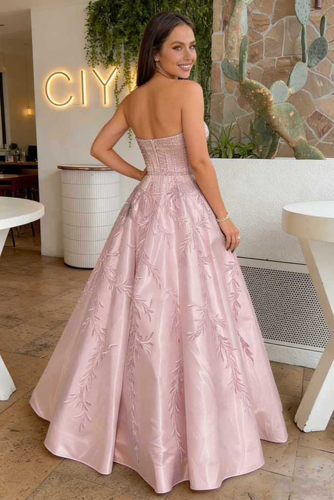 Classy Pink Strapless A-Line Prom Dress Shimmering Embroidery Floral Ball Gown,OLP2175