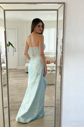 Icy Blue Strapless Prom Gown Floral Embroidery Ruched Satin Mermaid Silhouette,OLP2170