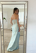 Icy Blue Strapless Prom Gown Floral Embroidery Ruched Satin Mermaid Silhouette,OLP2170