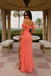 Modern Coral Off Shoulder Prom Dress Ruffle Hem Chiffon Slit Sexy Formal Gown,OLP2076