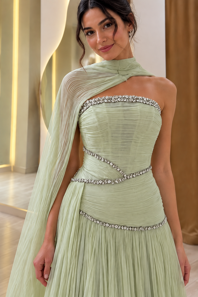 Modern Sage Green Rhinestone Prom Dress Strapless Cape Formal Party Gown,OLP2459