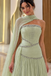 Modern Sage Green Rhinestone Prom Dress Strapless Cape Formal Party Gown,OLP2459