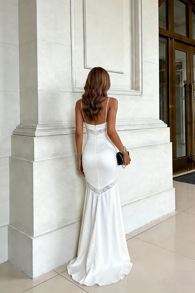 Classy White V-Neck Satin Prom Dress Lace Inset Slender Mermaid Gown,OLP1805