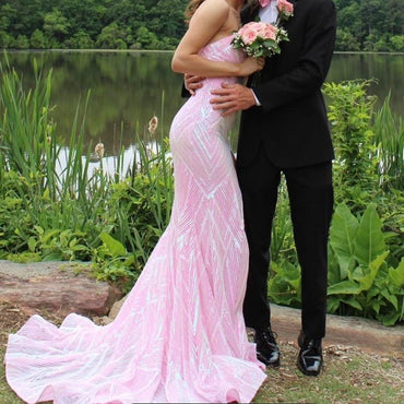 Fancy Pink Sequin Mermaid Prom Gown Sweetheart Neck Glittery Formal Dress,OLP1798