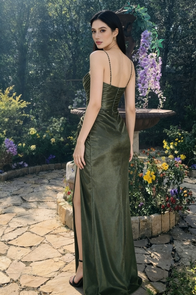 Classy Olive Green Ruched Prom Gown Sexy Side Slit Crystal Strap Wrap,OLP1952