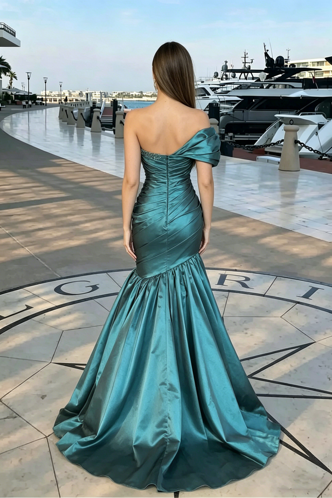 Stunning One-Shoulder Puffy Sleeve Teal Blue Mermaid Prom Dress With Pleats,OLP2216