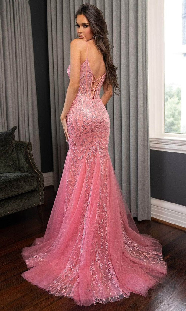 Classy Rose Pink Sequin Prom Gown V-Neck Sparkly Mermaid Formal Wear,OLP1790