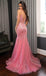 Classy Rose Pink Sequin Prom Gown V-Neck Sparkly Mermaid Formal Wear,OLP1790
