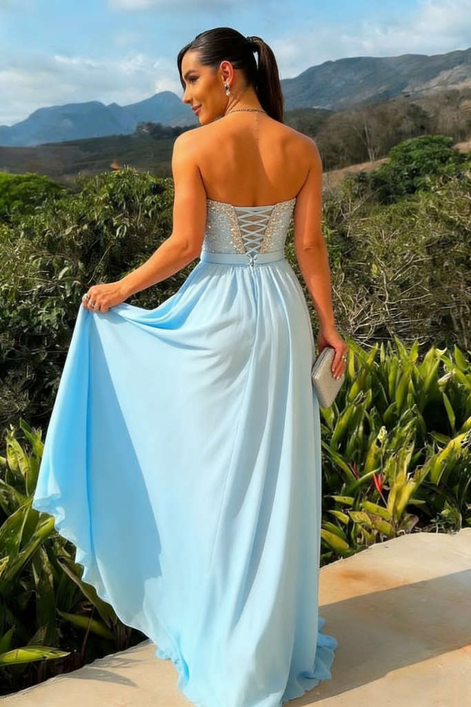 Sparkly Beaded Light Blue Prom Gown Strapless Sweetheart High Slit Party Dress,OLP1877