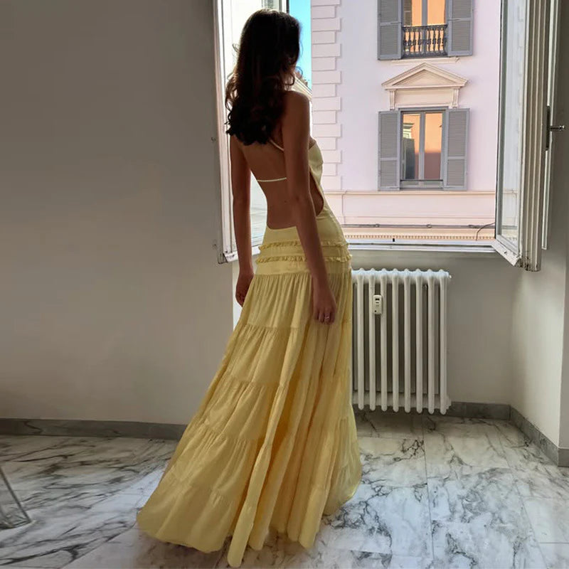 Unique One Shoulder Yellow Tiered Prom Dress Ruffled Waist Summer Style Chiffon Maxi,OLP1763