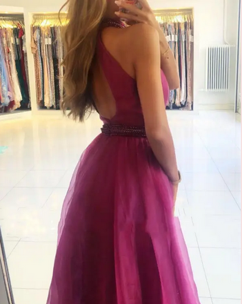Sexy Pink High-Neck A-Line Side Slit Long Prom Dress Ideas, Evening Party Dresses, OLP1286