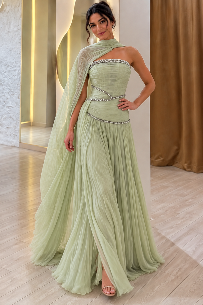 Modern Sage Green Rhinestone Prom Dress Strapless Cape Formal Party Gown,OLP2459