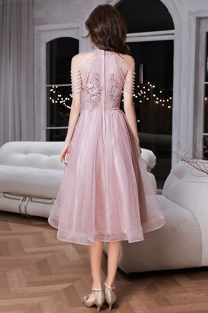 Sparkly Applique Pink Halter A-Line Long Prom Dress Ideas, Evening Party Dresses, OLP1562