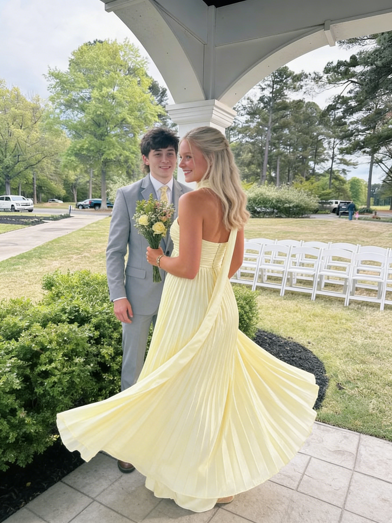 Elegant Yellow Chiffon Pleated Sweetheart Evening Dress Long Formal Gown,OLP2048