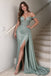 Unique Sage Green Off-Shoulder High Slit Sequin Prom Dress,OLP2453
