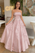 Classy Pink Strapless A-Line Prom Dress Shimmering Embroidery Floral Ball Gown,OLP2175