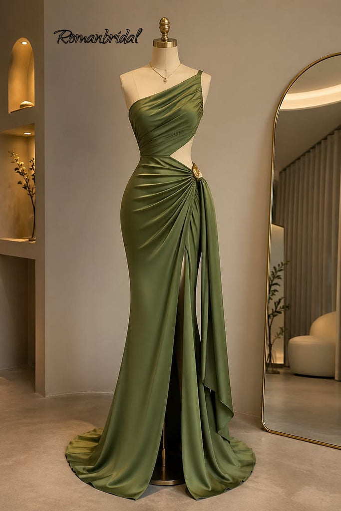 Modern Olive Green Satin One-Shoulder Prom Dress with Sexy High Slit,OLP2274