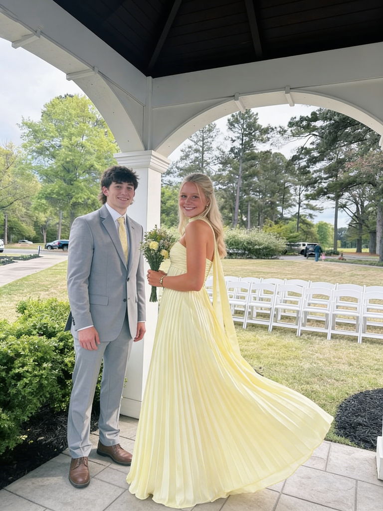 Elegant Yellow Chiffon Pleated Sweetheart Evening Dress Long Formal Gown,OLP2048