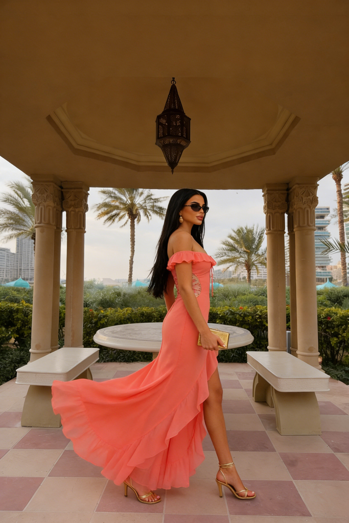 Modern Coral Off Shoulder Prom Dress Ruffle Hem Chiffon Slit Sexy Formal Gown,OLP2076