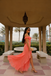 Modern Coral Off Shoulder Prom Dress Ruffle Hem Chiffon Slit Sexy Formal Gown,OLP2076