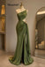 Modern Olive Green Satin One-Shoulder Prom Dress with Sexy High Slit,OLP2274