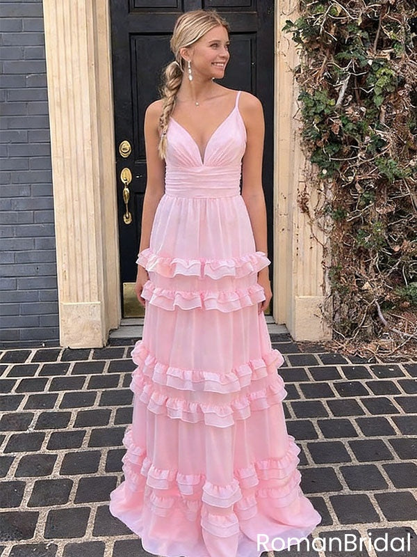 Modern Pink V-Neck Chiffon Prom Dress Tiered Ruffle Skirt Sleeveless Formal Gown,OLP1862