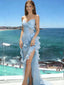 Sexy Strapless Sky Blue Slit Prom Dress with Crystal Beaded Waist Accent,OLP2037