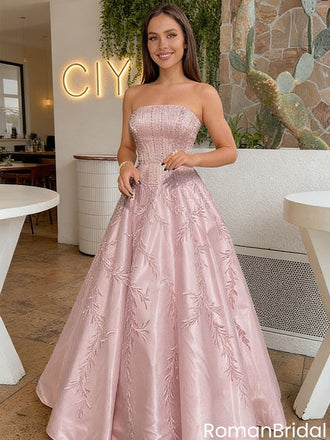 Classy Pink Strapless A-Line Prom Dress Shimmering Embroidery Floral Ball Gown,OLP2175