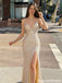 Modern Shimmering Champagne Prom Dress V-Neck Spaghetti Strap Side Slit,OLP1980