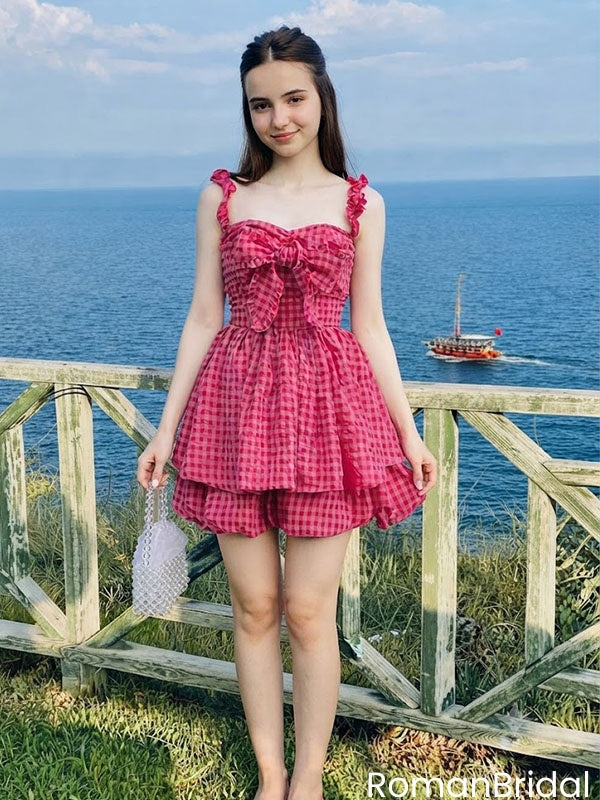 Modern Hot Pink  Bow-Tie Tiered Mini Homecoming Dress Pretty Party Sundress,HD1296