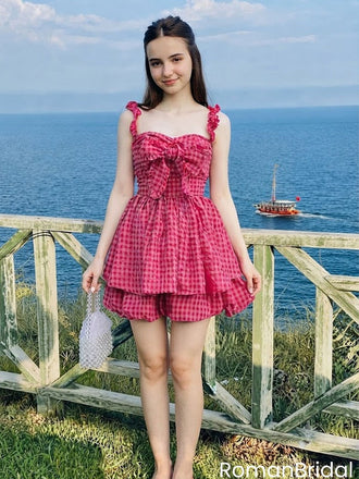 Modern Hot Pink  Bow-Tie Tiered Mini Homecoming Dress Pretty Party Sundress,HD1296