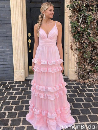 Modern Pink V-Neck Chiffon Prom Dress Tiered Ruffle Skirt Sleeveless Formal Gown,OLP1862