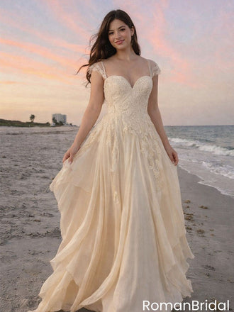Elegant Champagne Tulle Prom Dress Cap Sleeve Floral Lace Applique Gown,OLP2128