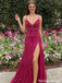 Sparkly Magenta Sequin Prom Dress Spaghetti Strap High Slit Glitter Evening Gown,OLP2156