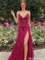 Sparkly Magenta Sequin Prom Dress Spaghetti Strap High Slit Glitter Evening Gown,OLP2156