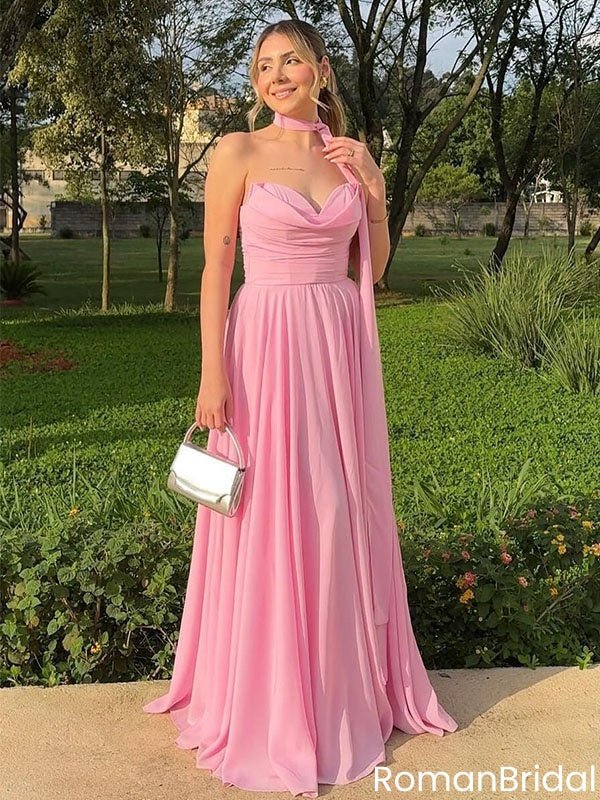 Classy Pink Chiffon Strapless Prom Dress with Matching Scarf and Ruched Bodice,OLP1887
