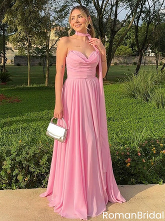 Classy Pink Chiffon Strapless Prom Dress with Matching Scarf and Ruched Bodice,OLP1887