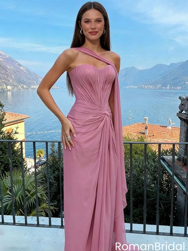 Modern Pink One-Shoulder Prom Dress Ruched Chiffon Floor Length Gown,OLP2029
