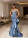 Stunning Steel Blue Mermaid Prom Dress Strapless Embroidered Lace Ruffled Side Slit,OLP1967