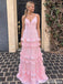 Modern Pink V-Neck Chiffon Prom Dress Tiered Ruffle Skirt Sleeveless Formal Gown,OLP1862