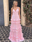 Modern Pink V-Neck Chiffon Prom Dress Tiered Ruffle Skirt Sleeveless Formal Gown,OLP1862