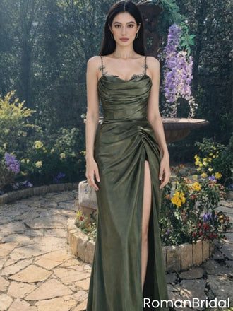 Classy Olive Green Ruched Prom Gown Sexy Side Slit Crystal Strap Wrap,OLP1952