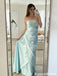 Icy Blue Strapless Prom Gown Floral Embroidery Ruched Satin Mermaid Silhouette,OLP2170