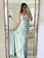 Icy Blue Strapless Prom Gown Floral Embroidery Ruched Satin Mermaid Silhouette,OLP2170